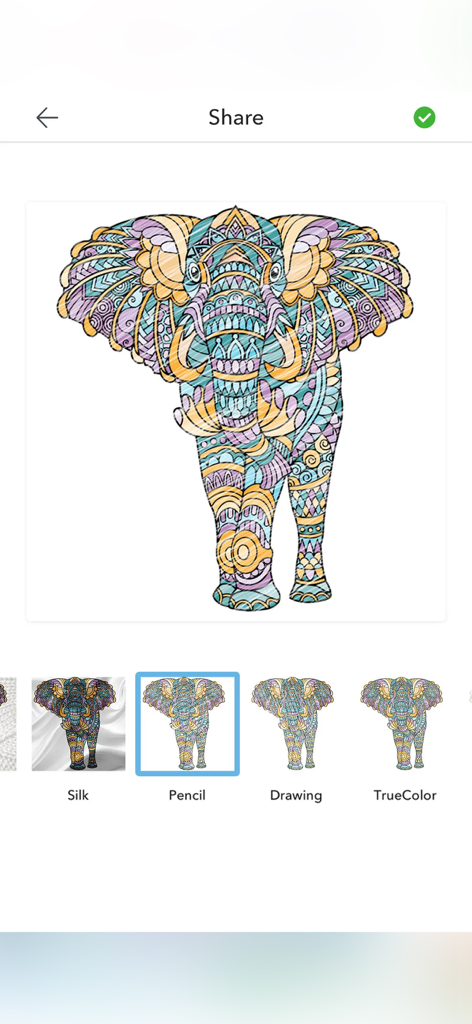 A detailed elephant mandala colored with artistic filters on a mobile coloring app share screen