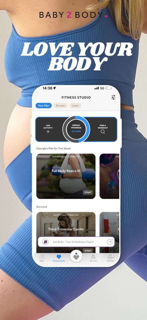 Fitness studio screen of the Baby2Body app displaying a personalized pregnancy workout plan and progress