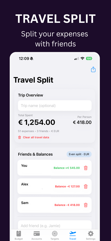 Pocket - Budget Tracker - Pocket app interface showing the travel split feature for sharing trip expenses and tracking friend balances.