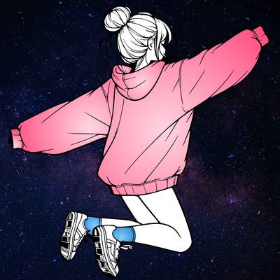 realistic girl jumping with a bun and oversized sweatshirt