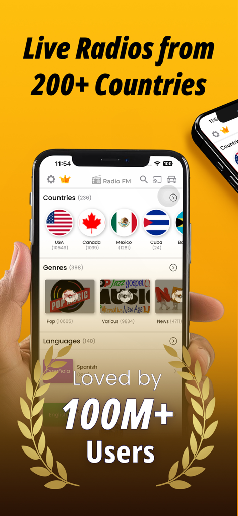 Radio FM: Music, News & Sports - Radio FM app interface showing radio stations from various countries and genres with a 100 million user milestone