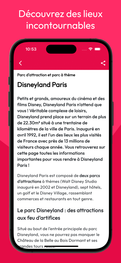 JDS - Idées sorties en France - JDS app screenshot showing local guide details for Disneyland Paris