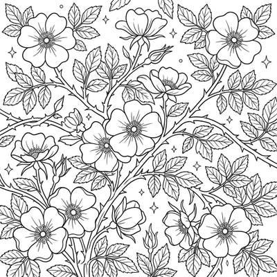 Let young artists explore the charming world of wild roses with this delightful coloring page. Featuring simple five-petaled blooms and leafy, thorny stems, it's perfect for a creative nature adventure.