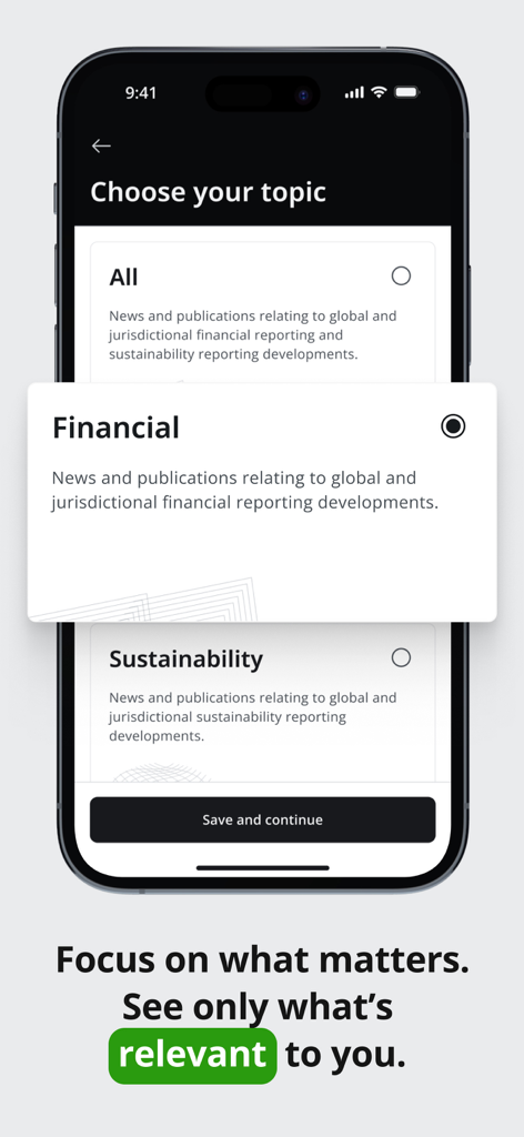 Interfaz de la aplicación Deloitte IAS Plus para seleccionar temas de noticias financieras y de sostenibilidad