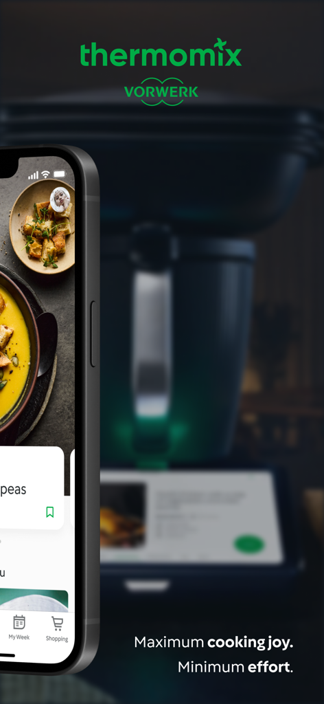 Thermomix® Cookidoo® App - Smartphone che mostra l'interfaccia dell'app Thermomix Cookidoo accanto all'elettrodomestico TM6