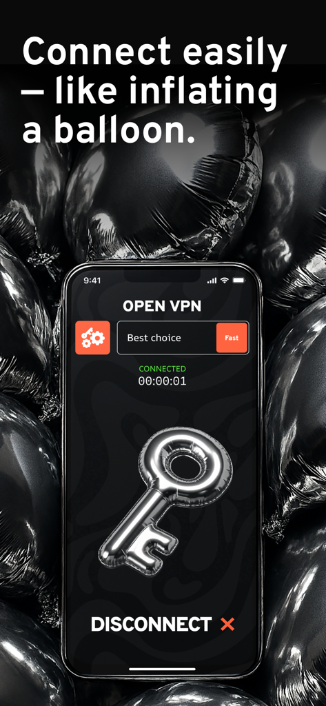 Interface da app VPN Free Open mostrando um estado de ligação e um grande ícone de chave prateada