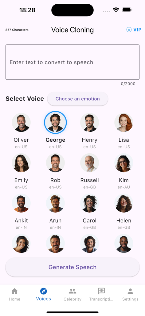 Voice Clone:AI Voice Generator - Interfaz de la aplicación AI Clonación de Voz con entrada de texto a voz y avatares de selección de voz
