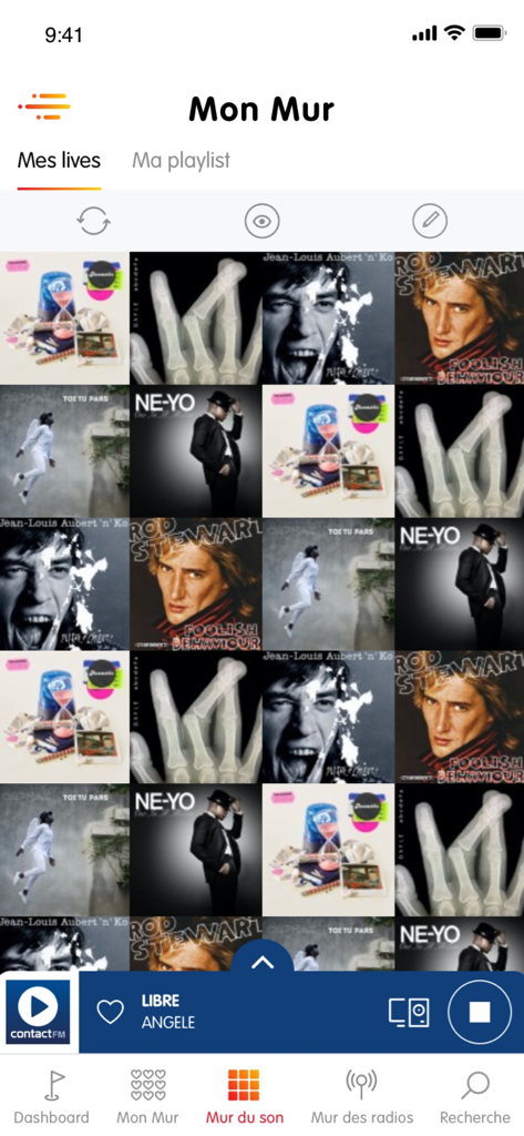 Les Indés Radios - Screenshot of the Mur du son feature in Les Indés Radios app showing a grid of album covers