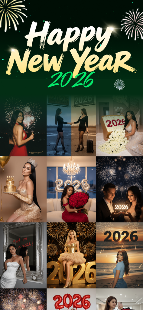 Happy New Year 2026 AI photo templates and festive portrait effects