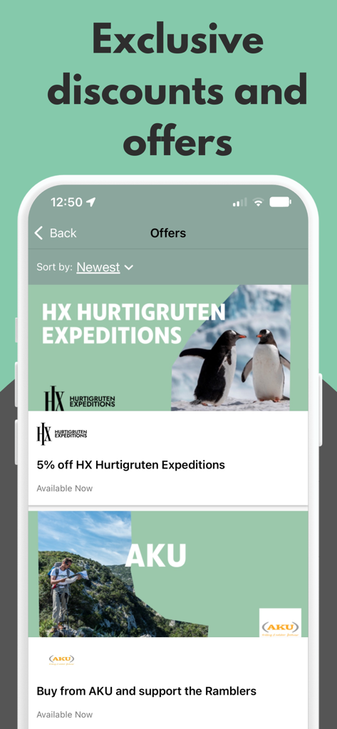 Ramblers - Un écran mobile montrant des réductions exclusives pour les membres et des offres de voyage dans l'application Ramblers