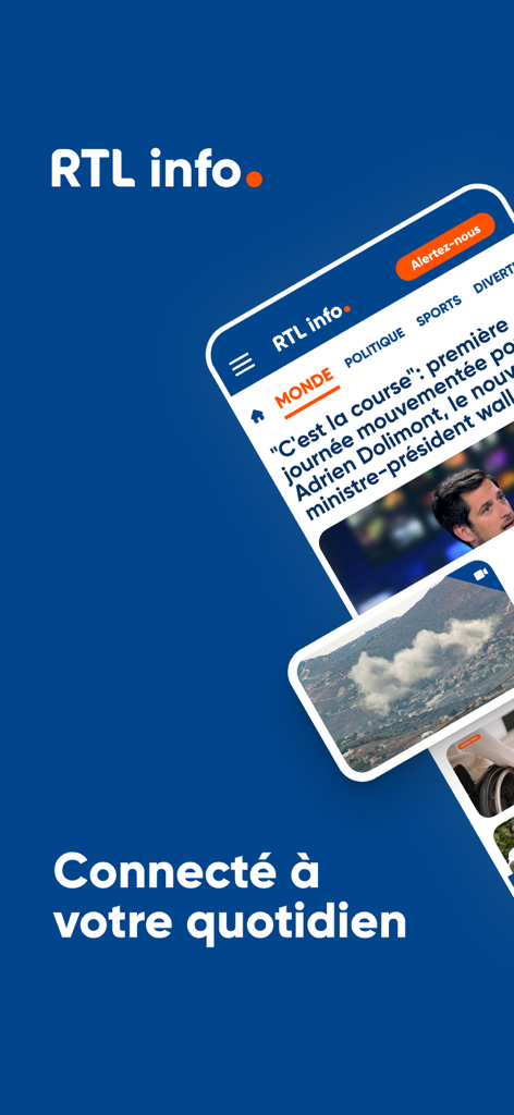 RTL info mobile news app interface showing news headlines and categories on a blue background