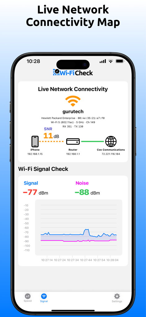 Wi-Fi Check - Speed Test - Screenshot of Wi-Fi Check app showing a live network connectivity map and detailed Wi-Fi signal and noise graph.