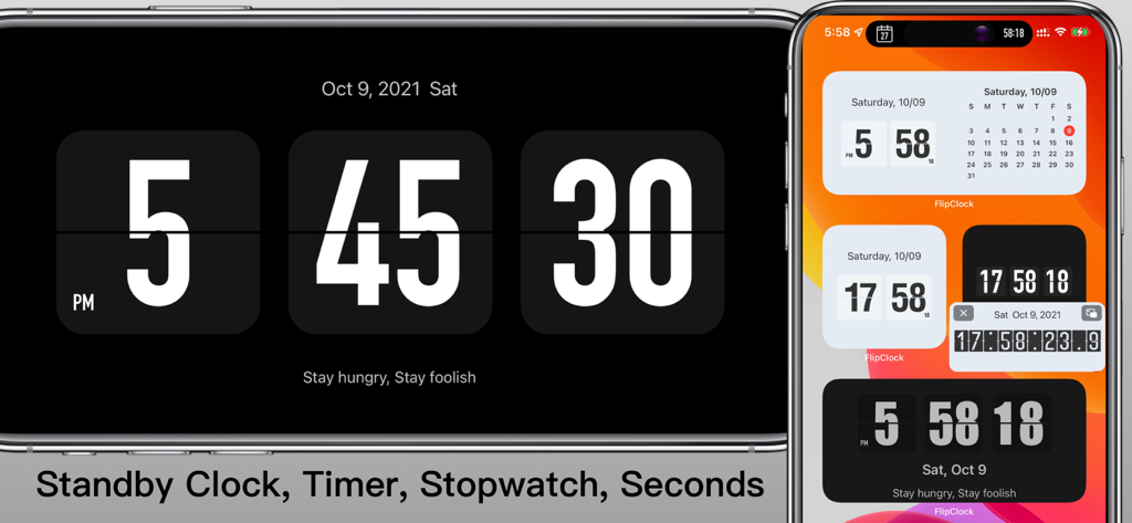 Aplicación de reloj flip digital que muestra un reloj en modo de espera a pantalla completa y varios widgets de pantalla de inicio.