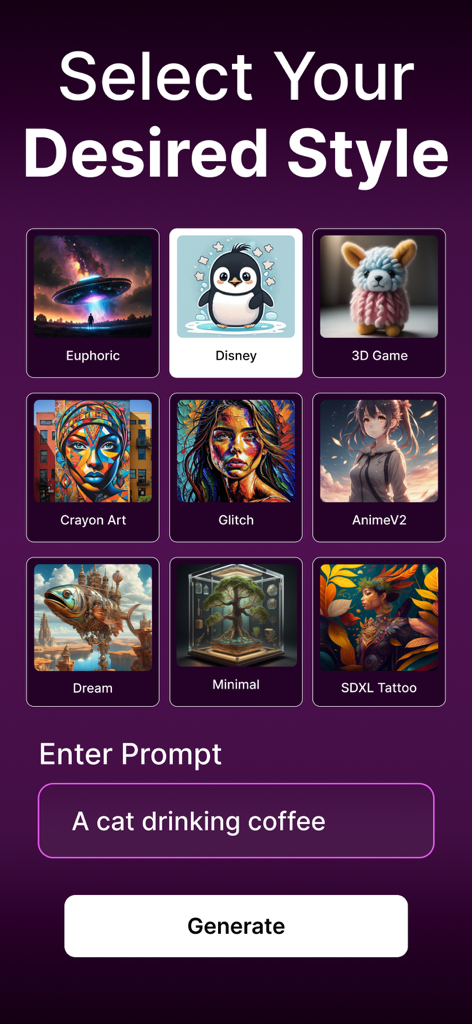 Imagine - AI Art Generator - Imagine AI Art Generator app interface showing a selection of art styles like Disney and Anime with a text prompt input field.