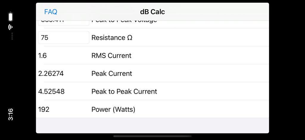 Interface of dB Calc app showing current and power calculations based on resistance.