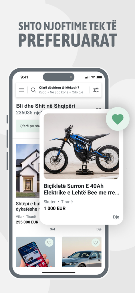 MerrJep Albania - Mobile app screen showing the save to favorites feature with an electric bike listing on MerrJep Albania