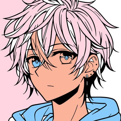 anime boy with shoulder-length hair with a pierced ear and medium-sized eyes