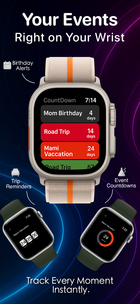 Countdown widget : Day Counter - Display do Apple Watch mostrando várias contagens regressivas de eventos como aniversários e férias