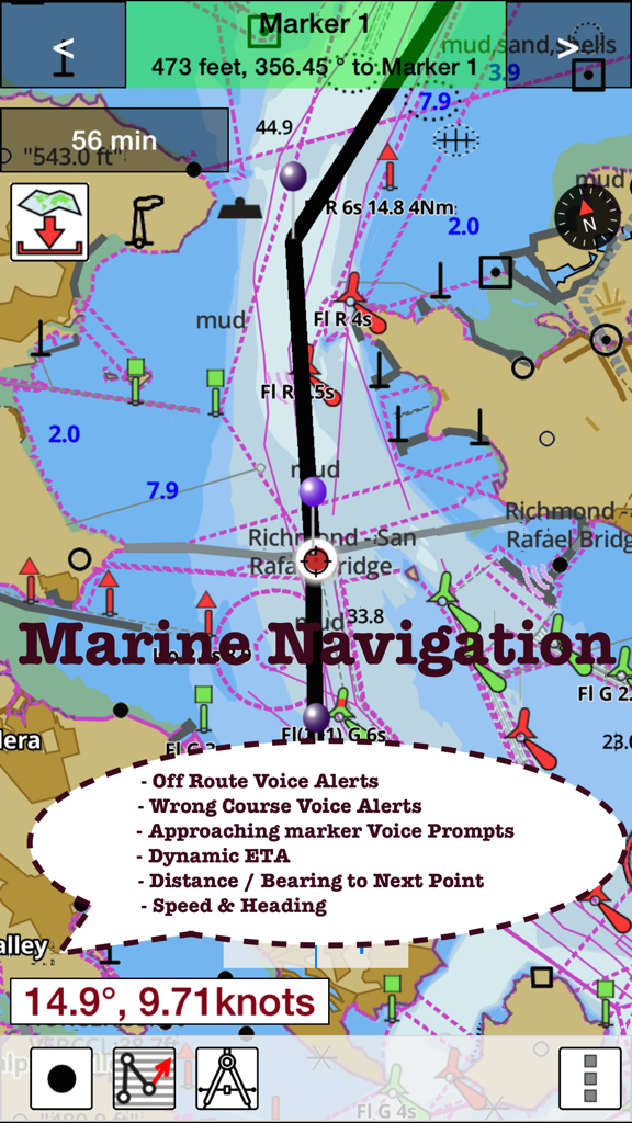 Marine navigation screen with nautical chart and GPS route features for Australia and New Zealand