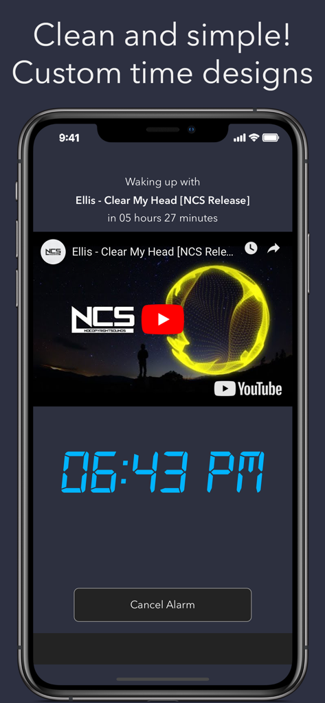 Video Alarm - Morning Routine - Video Alarm app interface featuring a YouTube music video alarm and a custom blue digital clock