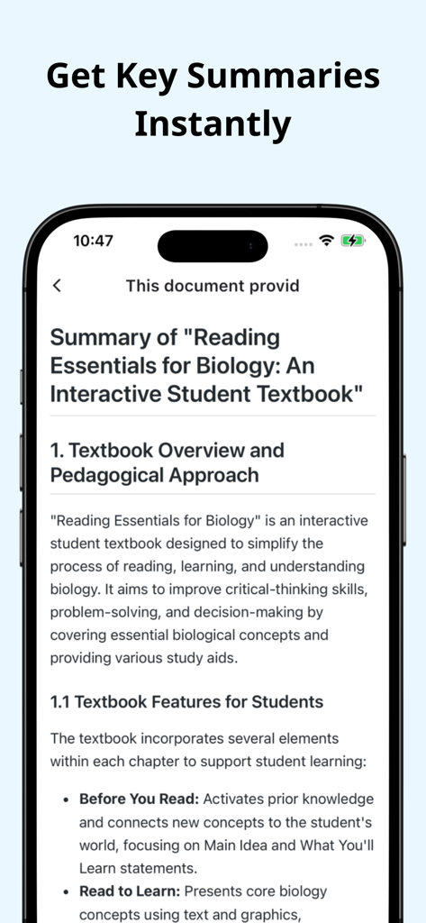 AI Quiz Generator - DeepStudy - A smartphone displaying an AI generated study summary of a biology textbook.