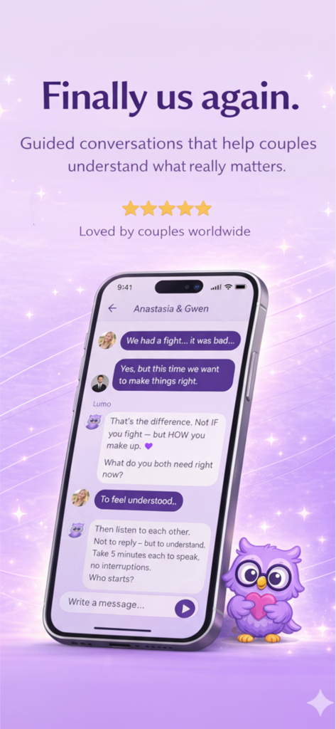 A smartphone screen showing the Lumo app chat interface where couples receive guided prompts to improve communication and resolve conflicts.