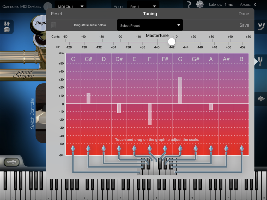 Advanced tuning settings in the Heavy Brass app including master tune controls and a visual scale tuning graph for precise MIDI instrument adjustment.