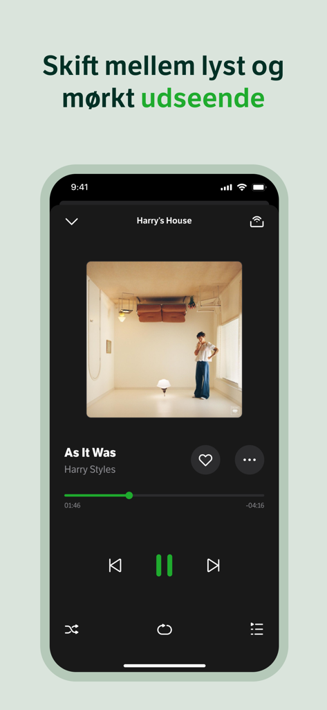 YouSee Musik app music player interface in dark mode featuring Harry Styles album art.