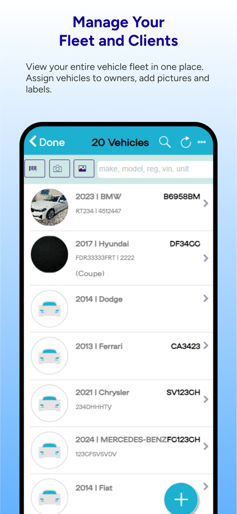 ARI (Auto Repair Software) - Mobile app screen showing a list of vehicles for fleet and client management in the ARI auto repair software.