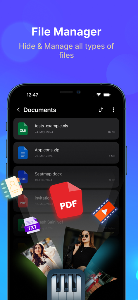 Piano⁺ Vault - Hide Photos - File manager interface for hiding documents and media in Piano Vault