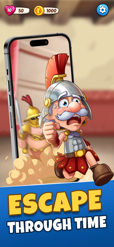 Cartoon Roman soldier character escaping through time on a mobile phone screen.