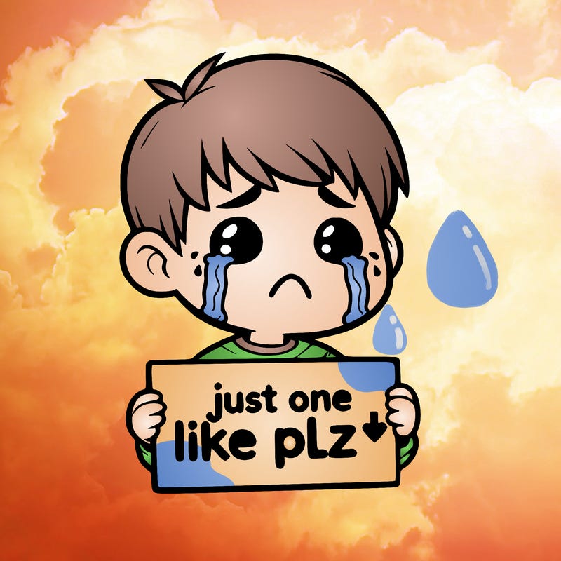 realistic crying boy with a sign saying just one like plz