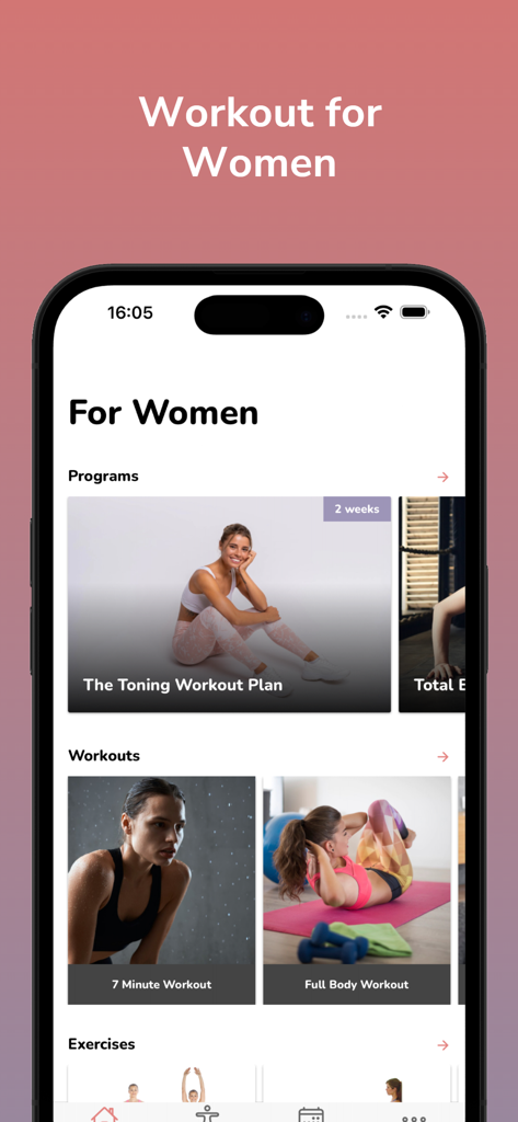 Female Workouts - Interfaz de la aplicación Female Workouts mostrando varios programas de ejercicios y rutinas para mujeres