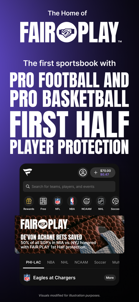 Fanatics Sportsbook app interface featuring Fair Play player protection for pro football and basketball bets