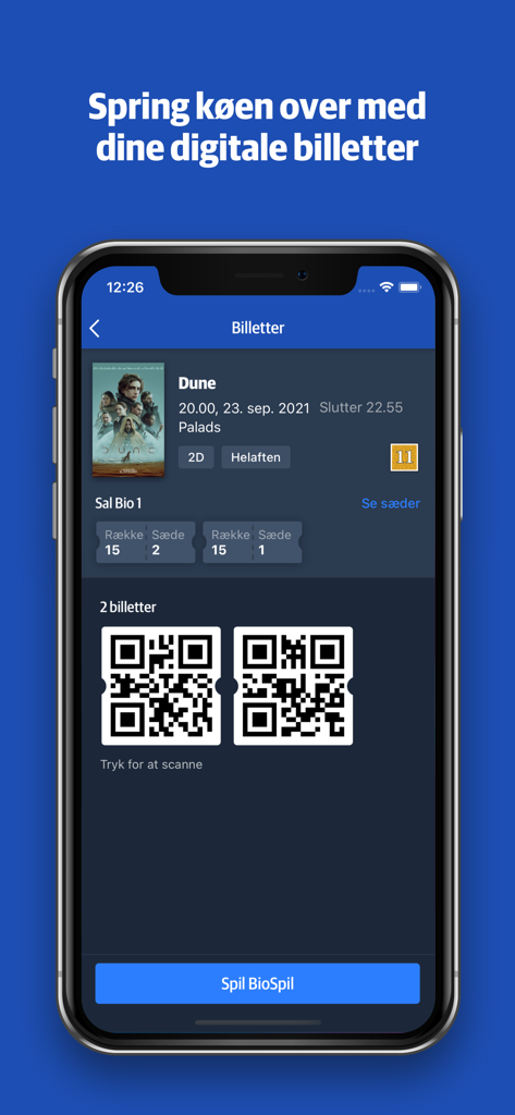 Digital movie tickets with QR codes on the Nordisk Film Biografer app interface