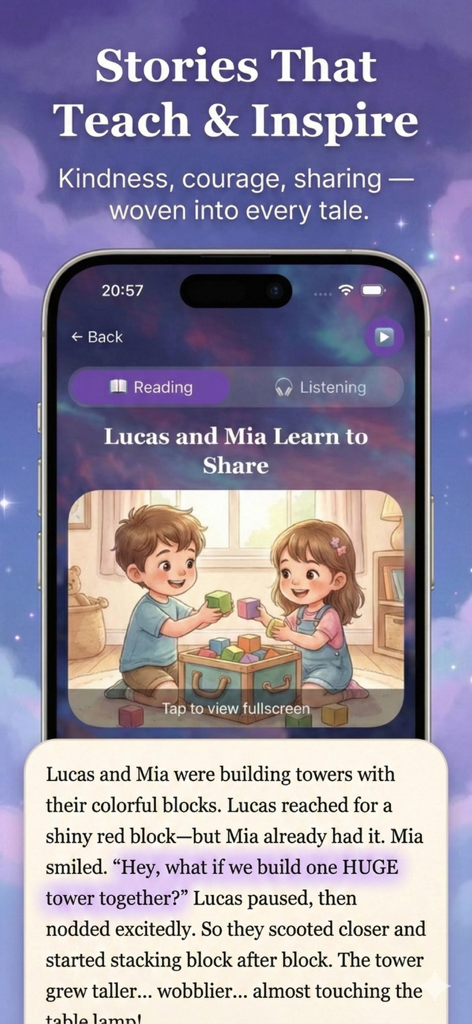 TaleHero: Bedtime Stories - TaleHeroアプリのスクリーンショット、ブロックで遊ぶ子供たちの可愛いイラストと共に、共有についてのパーソナライズされたストーリーを表示