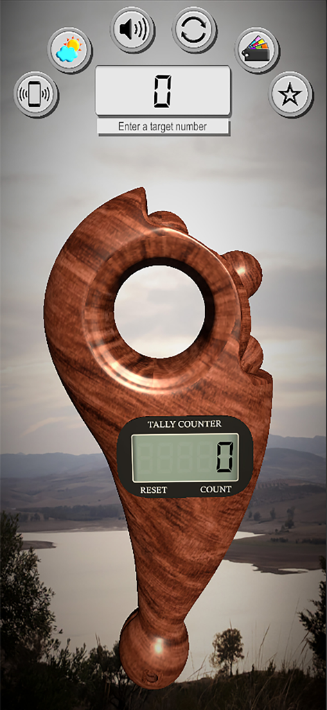 A realistic 3D wooden digital tasbeeh counter displayed against a scenic landscape background.