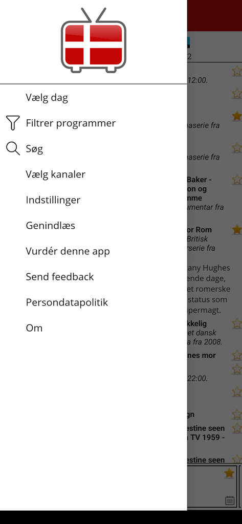 Side navigation menu for Dansk TV Guide app with Danish language search and filter options