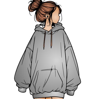 realistic girl with a oversized sweatshirt on and a bun