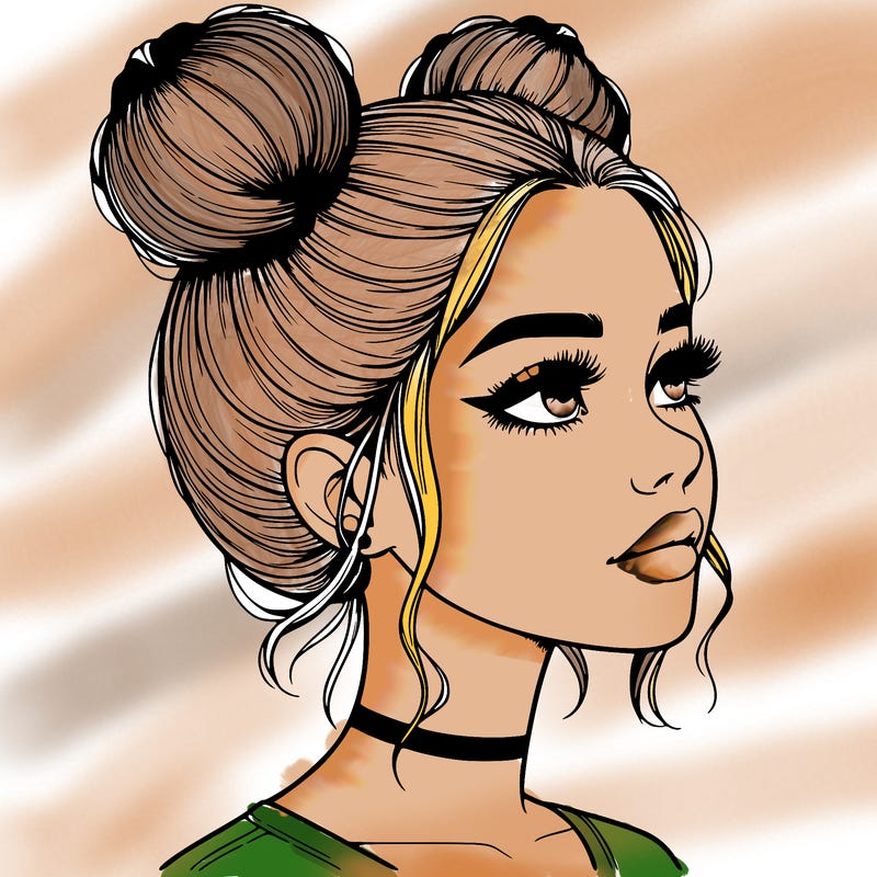 realistic girl with buns on the top of her head