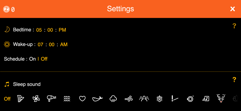 Settings menu of the Sun to Moon Sleep Clock app showing customizable bedtime and wake-up times with various white noise sound options.