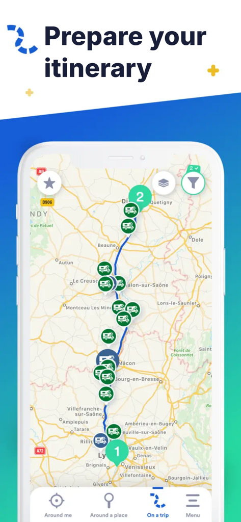 Interface of the park4night app showing a travel itinerary with campervan site icons along a map route