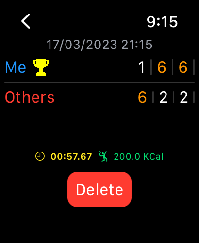 Pantalla de Apple Watch que muestra los resultados del partido de pádel con puntuaciones y calorías quemadas