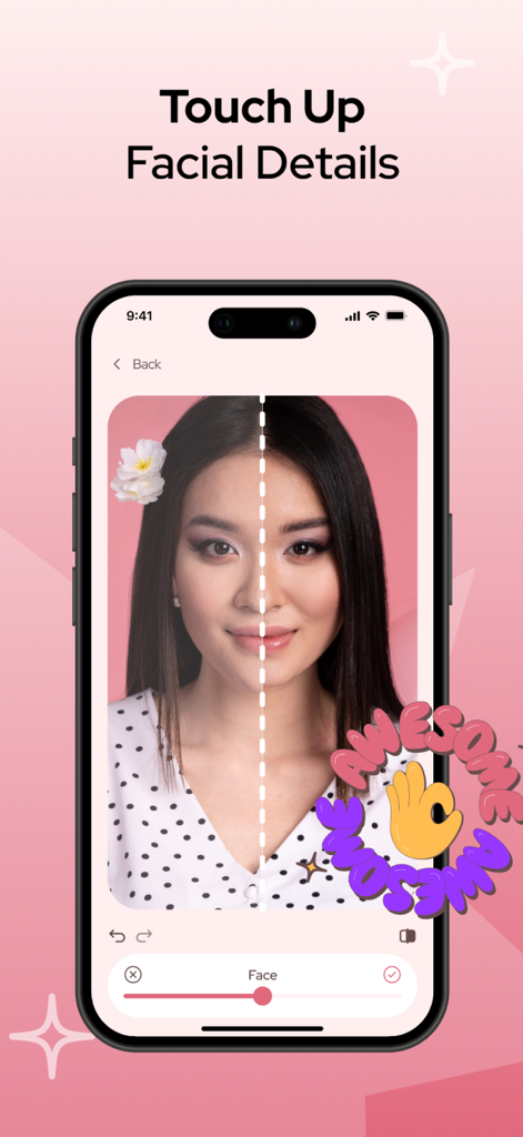 Face & Body App: Photo Editor - Interfaz de aplicación móvil que muestra una comparación de pantalla dividida de antes y después del rostro de una mujer durante la edición de retoque facial.