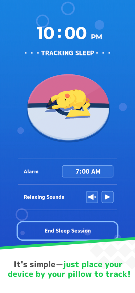 Pokémon Sleep - 잠자는 피카츄와 수면 추적 컨트롤을 보여주는 Pokémon Sleep 앱 스크린샷.
