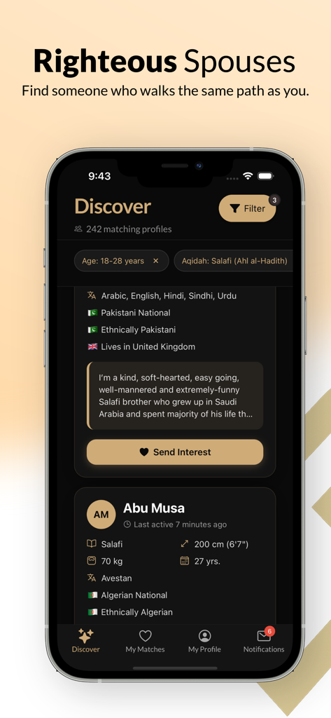 Zawaj Match — Sunnah Marriage - Discover screen of Zawaj Match app displaying a potential spouse profile with religious and demographic filters.