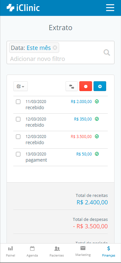 iClinic - Software Médico - Dashboard del rendiconto finanziario nell'app iClinic che mostra entrate e spese mensili per uno studio medico.