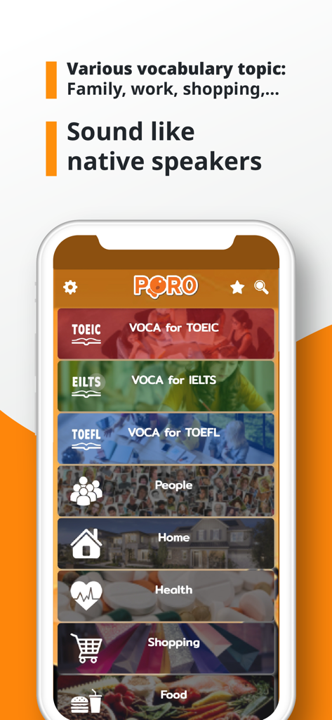 Interfaz de la aplicación PORO que muestra temas de vocabulario inglés como TOEIC, IELTS y temas cotidianos