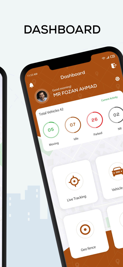 Mux Tech - Dashboard of the Mux Tech app displaying fleet management statistics and live tracking options