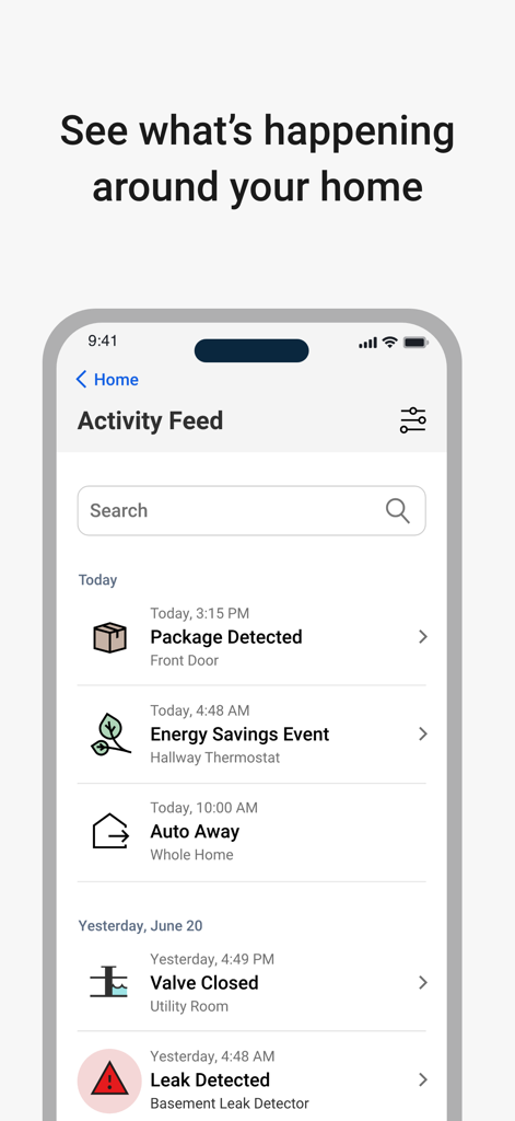 First Alert by Resideo - Activity feed in the First Alert app showing home monitoring alerts for security, energy, and leak detection.